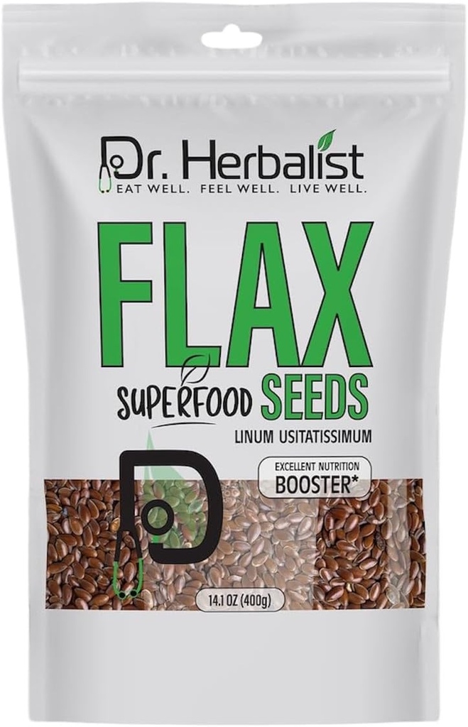 Dr. HERBALIST Flax Seeds 400g,Linum Usitatissimum,Alsi Seeds,Super Food, Essential Omega Fatty Acids, High in Plant-Based Protein, und Fiber, für Smoothies, Baking, für einfache Verdauung und Absorption