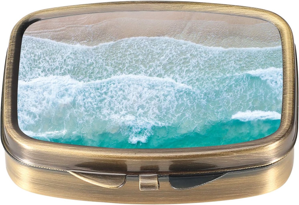 Boîte à pilules Dynippy avec miroir de poche rétro 2 compartiment Médicament organisateur de pilules vitaminiques pour la chasse à la poche et les voyages (A-Sandy Beach)