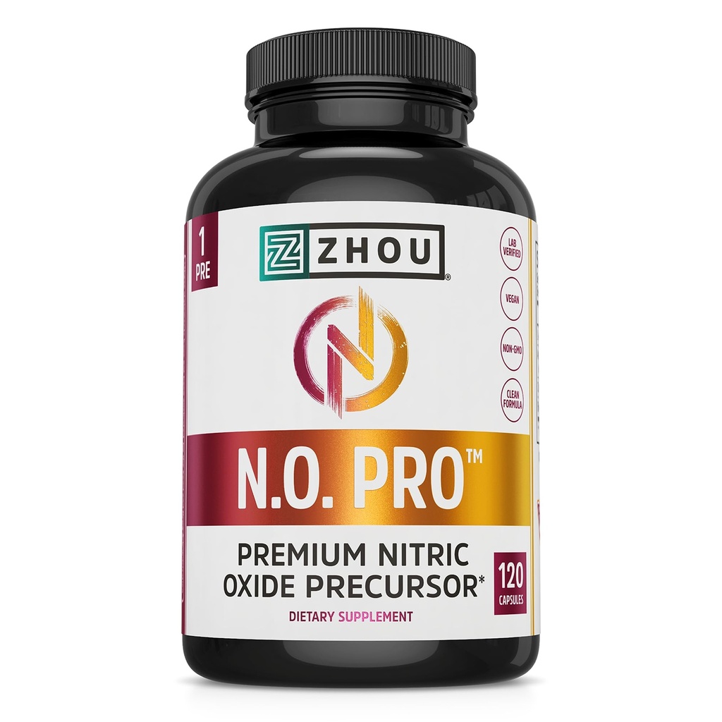 Zhou N.O. Pro - Supplément d'oxyde nitrique Premium pour hommes et femmes, soutien cardiaque, musculaire et sanguin avec racine de betterave et l'arginine, booster naturel d'oxyde nitrique - 120 capsules de Veggie