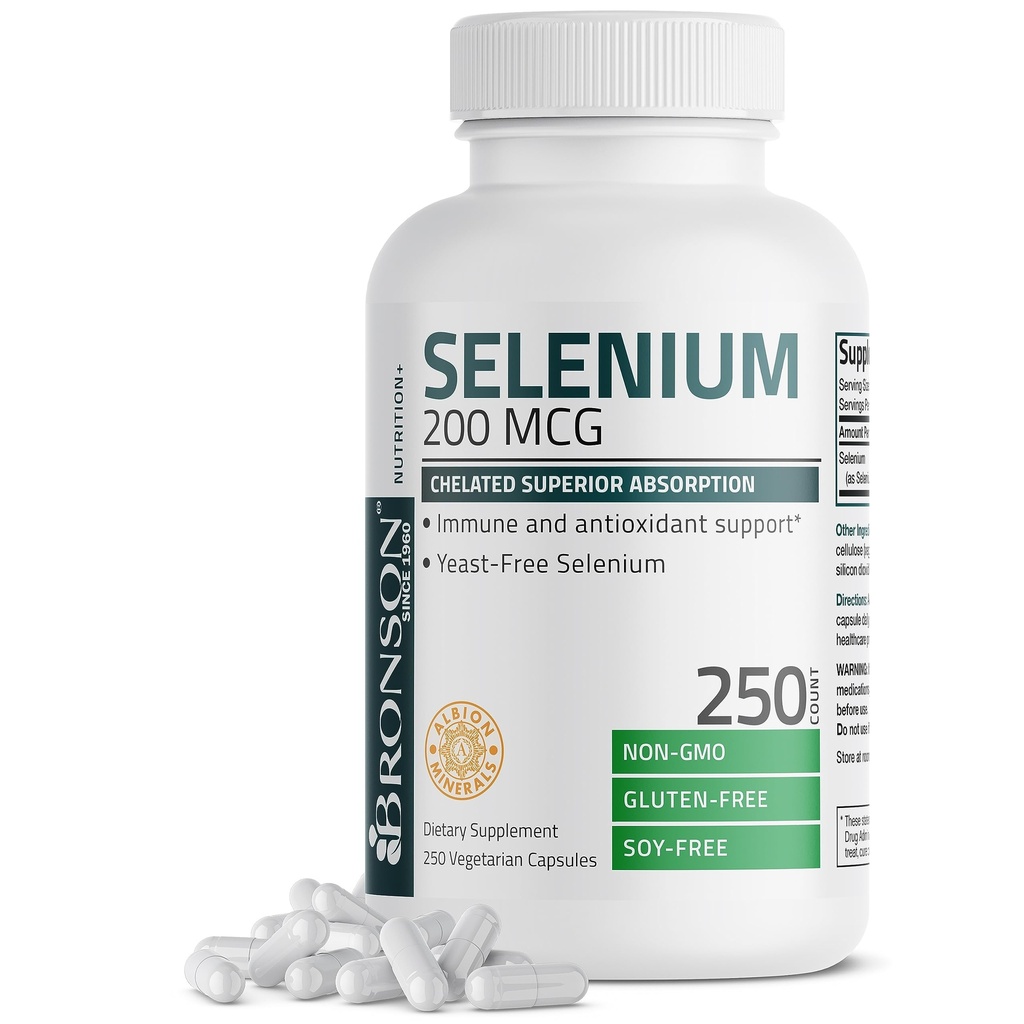 Bronson Selenium 200 mcg – Yeast Free Chelat Amino Acid Complex - Essential Trace Mineral mit Superior Absorption, 250 vegetarische Kapseln