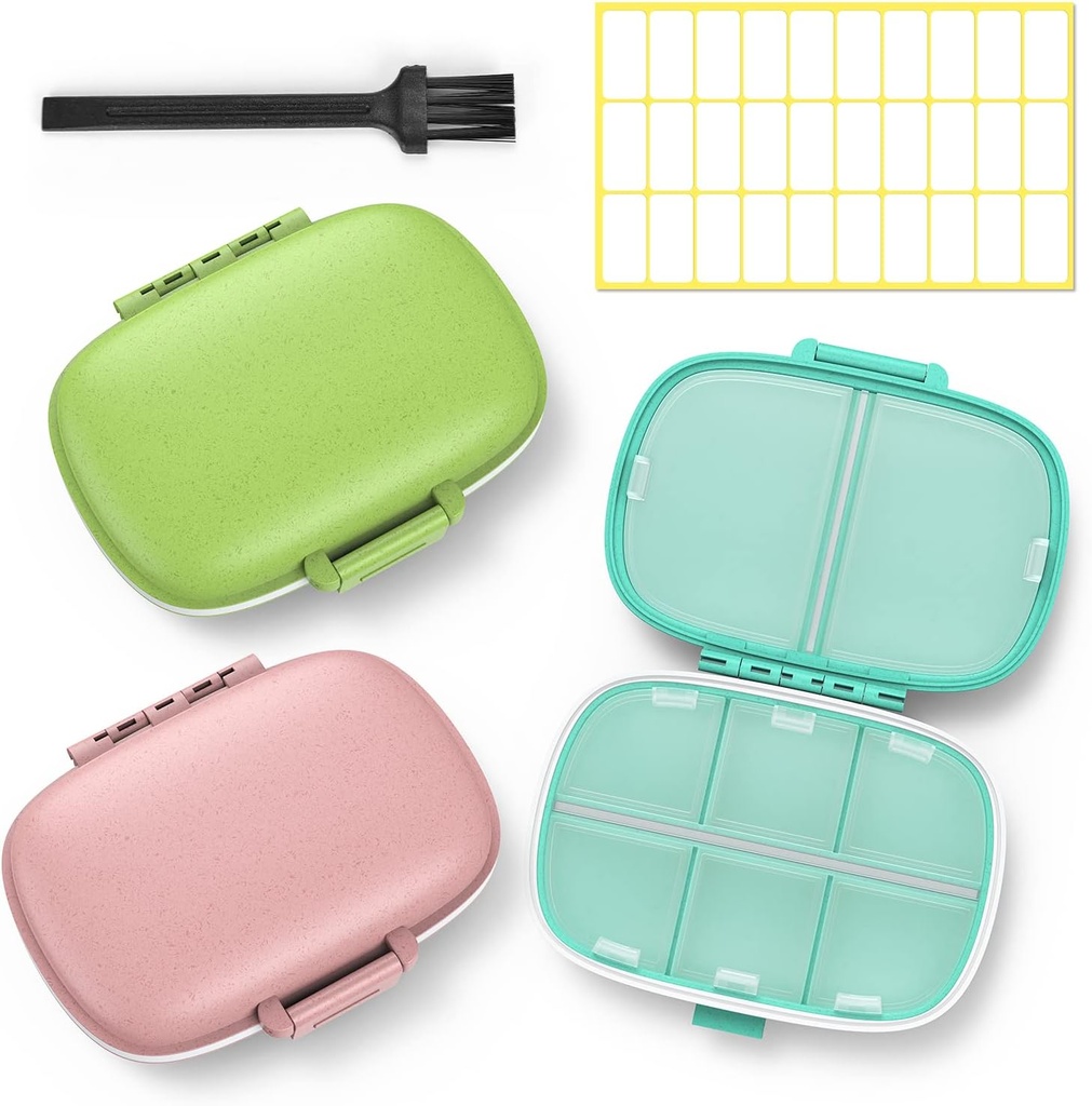 3 Pack 8 Compartments Travel Pill Box,Pill Organizer 7 Tage Moisture Proof Small Pill Case for Pocket Purse Daily Portable Medicine Vitamin Holder Container(Pink+Blue+Green)
