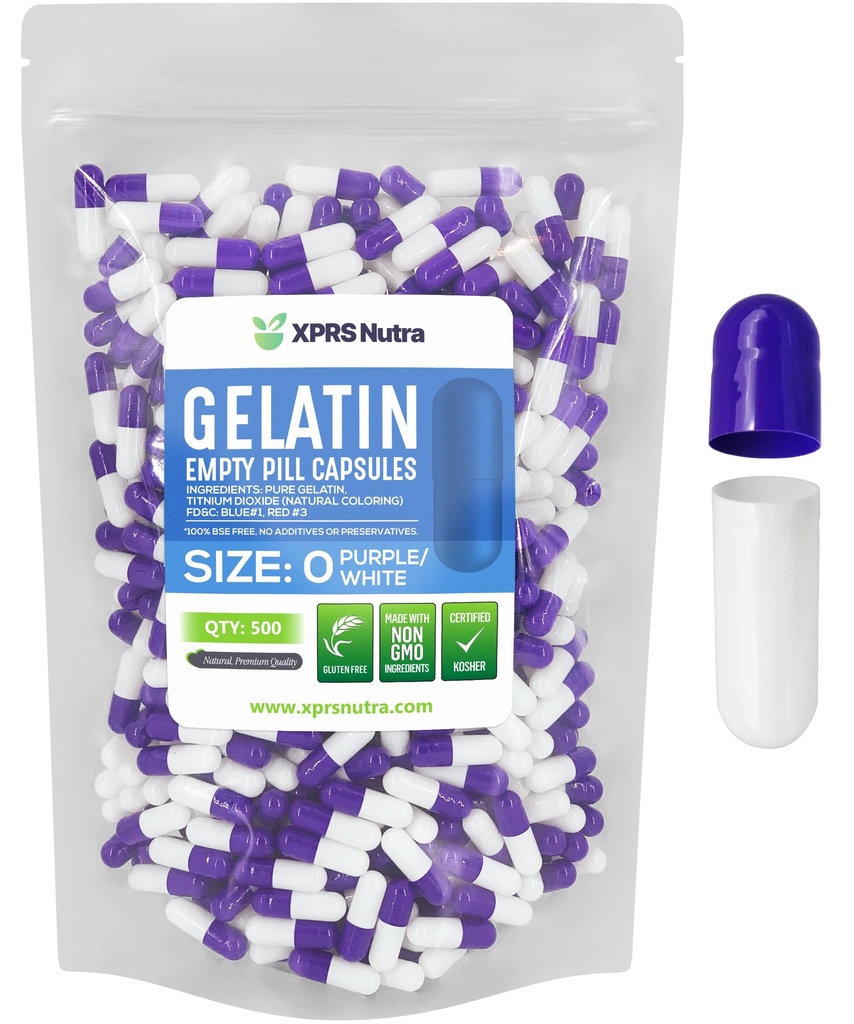 XPRS Nutra Taille 0 Capsules vides - 500 Compte Capsules de gélatine vides - Pills Bricolage Capsule Remplissage - Pure Pill Gel Caps pour Do-It-Youlf Suppléments (Purple/White)