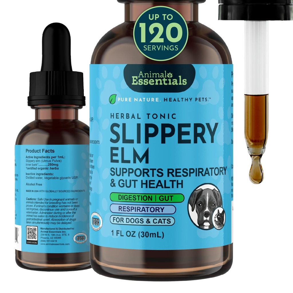 Animal Essentials Slippery Elm - Slippery Elm Bark Anti Durchfall Tropfen für Hunde und Katzen, Bio Kräuterextrakt für gesundes Gut, Digestive & Throat-Unterstützung, Hilft Säure Reflux, flüssige Formel- 1 fl oz