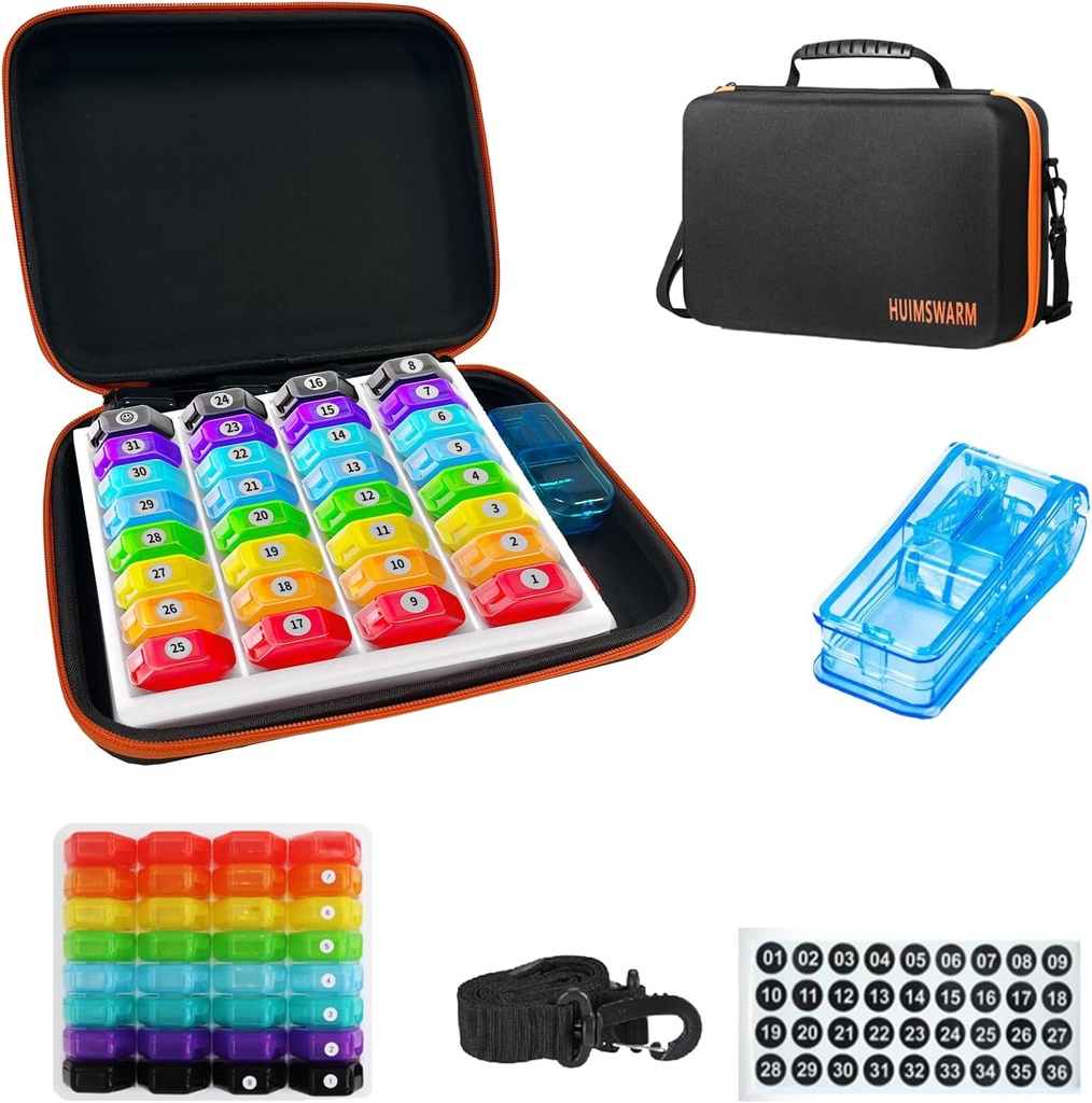 Organisateur mensuel de pilules 1 fois par jour, Organisateur mensuel de pilules 1 fois par jour avec 32 Compartiments quotidiens et 1Pill Cutter et 1Tarif de voyage et 1Souches d'épaules et 2PCS Sticker de 31 jours. Poignée confortable, sans BPA.