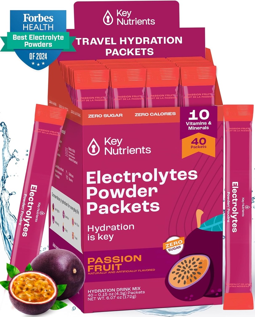 KEY NUTRIENTS Multivitamin Elektrolyte Pulververpackungen - Delicious Passion Fruit 40 Pack Hydration Packets - Travel Hydration Powder - No Sugar, No Calories, Gluten Free - Made in USA