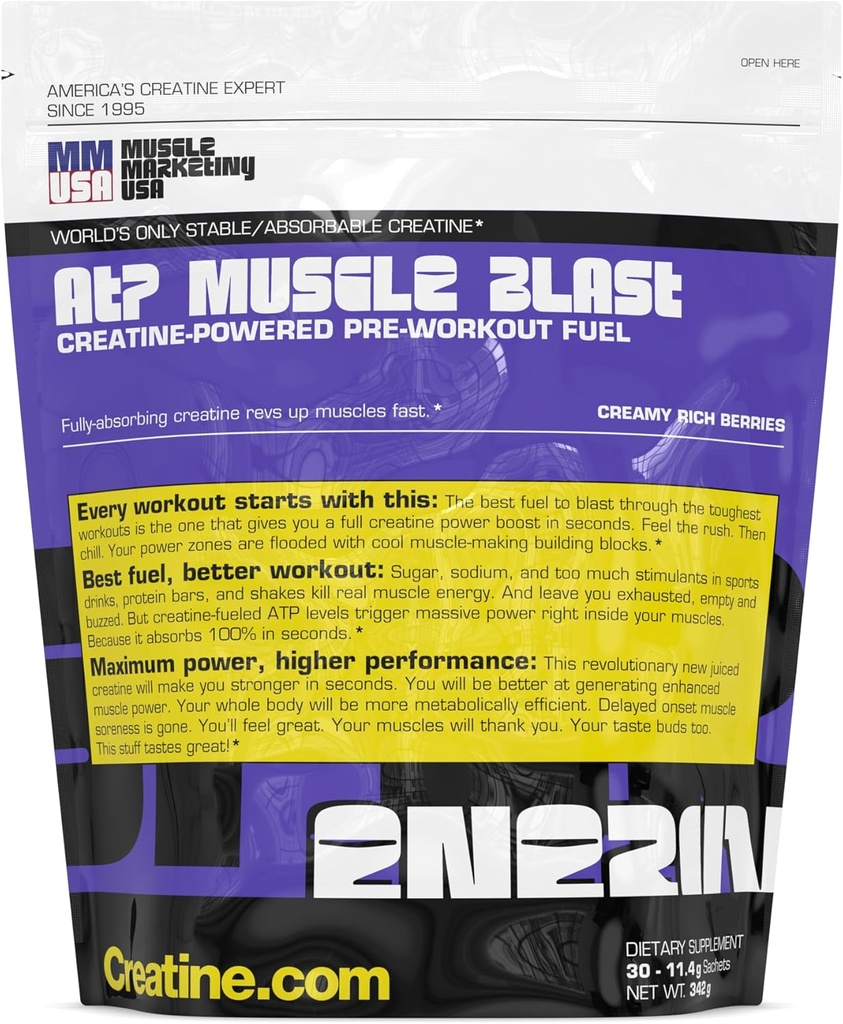 MMUSA ATP Muscle Blast: Welts einziger stabiler Kreatin Energy Drink. Sofortaufnahme. Sofortiger Boost für Intensiv Bodybuilding, Endurance Sports. Train Harder, Recover Faster. 30 Beutel, 11.4g Jeder
