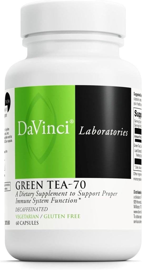 DaVinci Labs Grüner Tee-70 - Nahrungsergänzungsmittel zur Unterstützung des Immunsystems, Herz-Kreislauf-Gesundheit und Cholesterin-Gesundheit - Mit Grüner Tee-Extrakt - Entkoffeiniert - Glutenfrei -60 Vegetarische Kapseln
