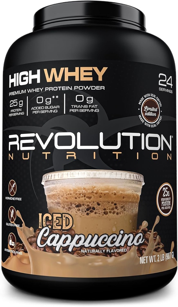 Revolution Nutrition, High Whey, Protein Powder 2LB, Whey Isolate, Glutenfrei, Lean Muskelmasse für Männer & Frauen, 25g Protein Per Scoop, 908 g, 24 Portionen (Iced Cappuccino, 2 Pound)