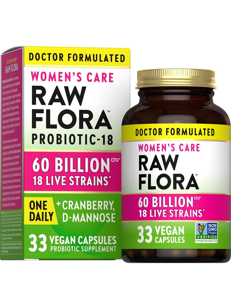 Probiotiques pour femmes de la Flore crue (en anglais seulement) Dr. Formulé 60 milliards CFU + Prébiotiques (en anglais seulement) Soutien digestif, vaginal et urinaire (en anglais seulement) 33 Capsules végétaliennes avec canneberge et mannose D