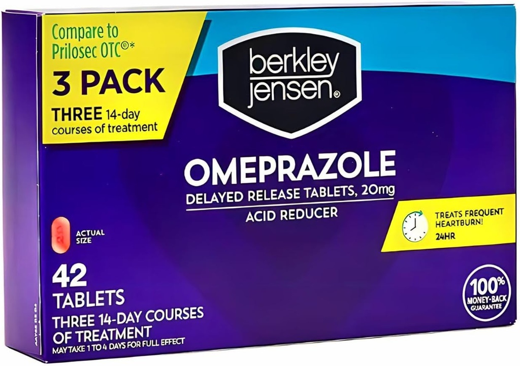 berkley jensen Omeprazole 20 mg Delayed Release Tabletten - Sodbrennen Medizin- Säure Reducer Pillen - Treats Frequent Sodbrennen - 3 x 14-Day Kurse, 42 Count Total (Pack von 1)