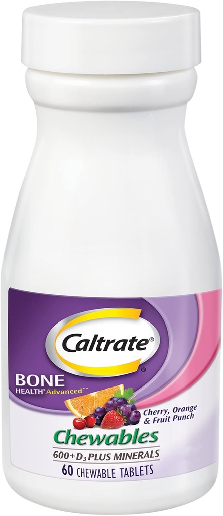 Caltrate Chewables 600 Plus D3 Plus Minerals Calcium Vitamin D Supplement, Cherry, Orange and Fruit Punch - 60 Count
