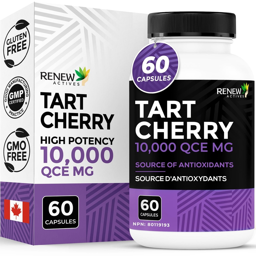 Renew Actives Tart Cherry Extra 500mg pro 2 Kapseln – High-Potency Antioxidant für freie Radikale Schutz & Wellness – 60 Easy-to-Swallow Kapseln – Made in Canada