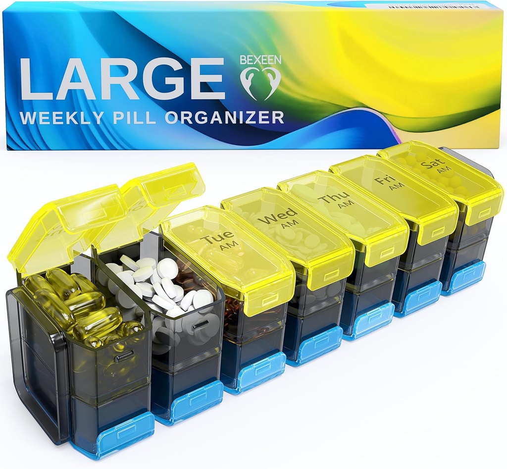 Extra Large Pill Organizer 2 fois par jour – XL Pill Box 7 Day with Big AM/PM Compartiments – convient aux grandes vitamines, suppléments et gommes, pour une utilisation de 7 ou 14 jours, codé en couleur, Amies des aînés, Pas de déversements