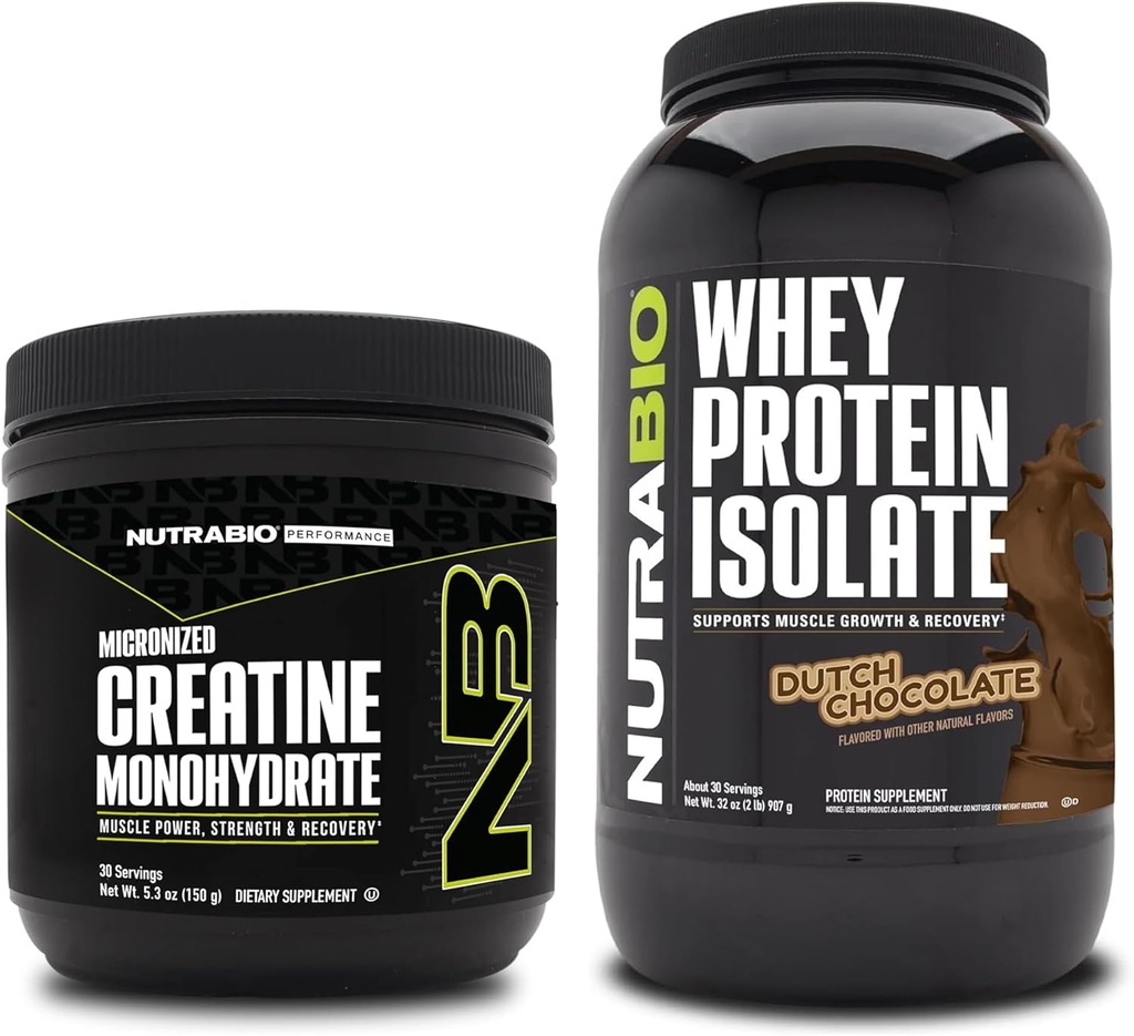 NutraBio Creatine Monohydrate, Unflavored, 150g und Whey Protein Isolate, Dutch Chocolate, Supplement Bundle - Muscle Energy, Lean Muscle Growth, Recovery and Strength