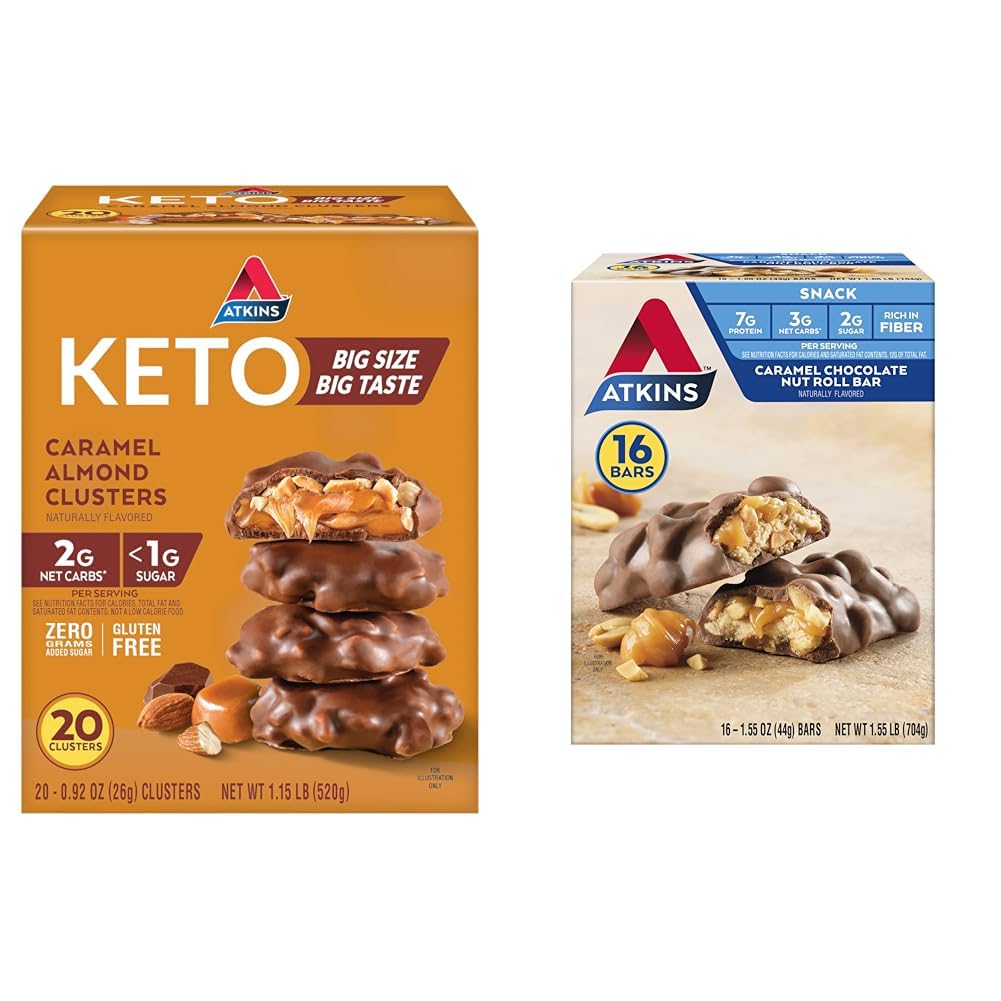 Atkins Caramel amandes clusters, sans gluten, haute en fibre, 1g de sucre, 2g de glucides nets, Keto Friendly, 20 Compte & Caramel chocolat écrou roll Snack Bar, Protein Snack, haute en fibre, 2g de sucre, 16 Compte