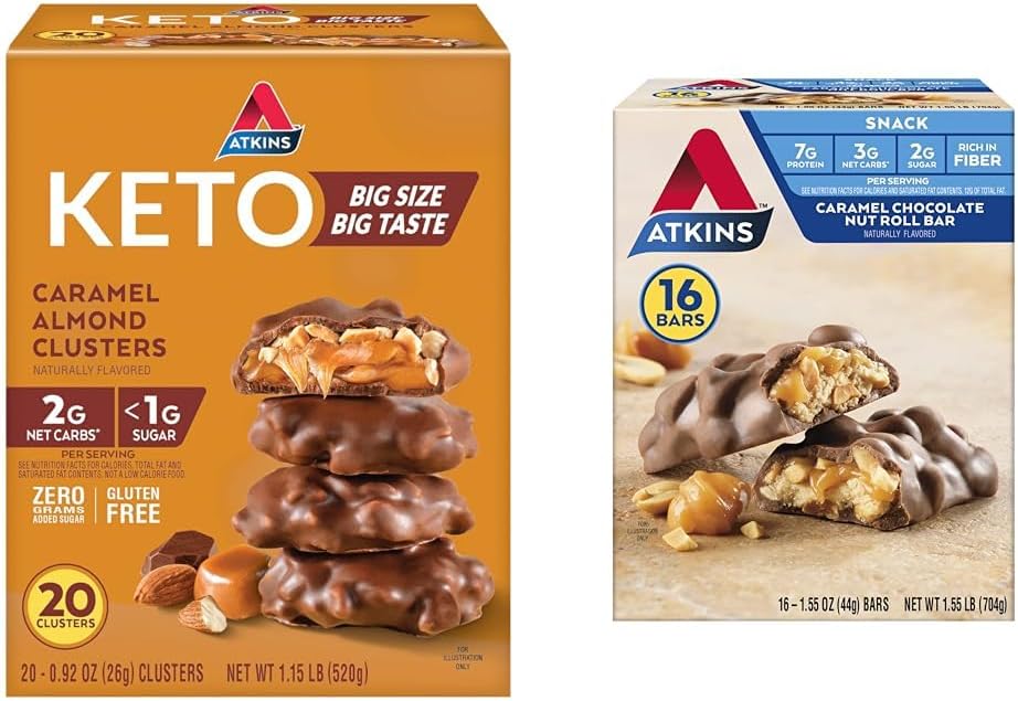 Atkins Caramel amandes clusters, sans gluten, haute en fibre, 1g de sucre, 2g de glucides nets, Keto Friendly, 20 Compte & Caramel chocolat écrou roll Snack Bar, Protein Snack, haute en fibre, 2g de sucre, 16 Compte