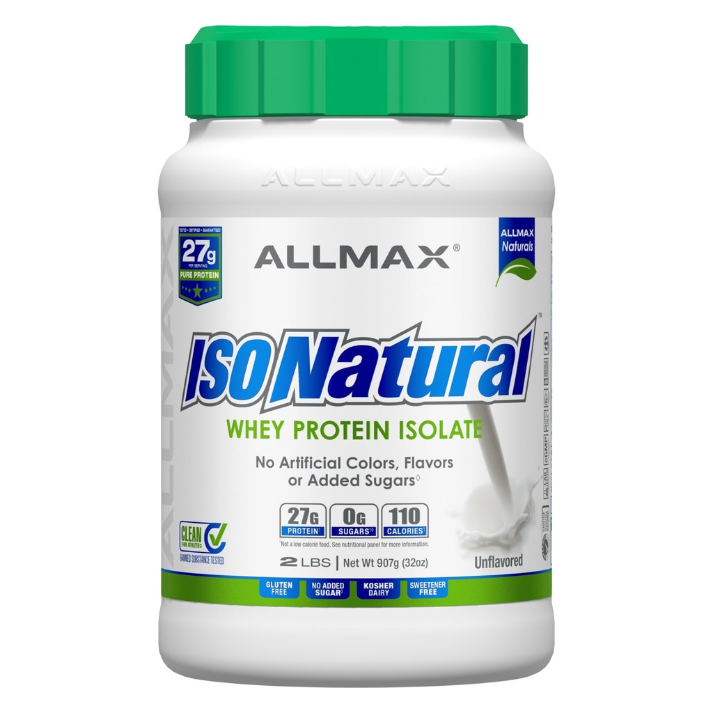 ALLMAX Nutrition ISONATURAL Isolation des protéines de lactosérum, non aromatisée - 2 lb - 27 grammes de protéines par scoop - Zéro gras et sucre - 99% Sans lactose - avec prébiotiques - Pas d'arôme artificiel - 31 portions