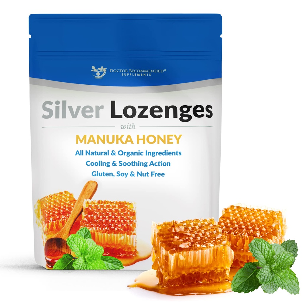 Silber Lozenges mit Bio Manuka Honig und Vitamin C - All-Natural Nano Silber 45-50mcg von 60 PPM Kolloidal Silber Mineral Drops zur Unterstützung Immunsystem, Soothe, Cool Cough & Throat, 24-Lozenges