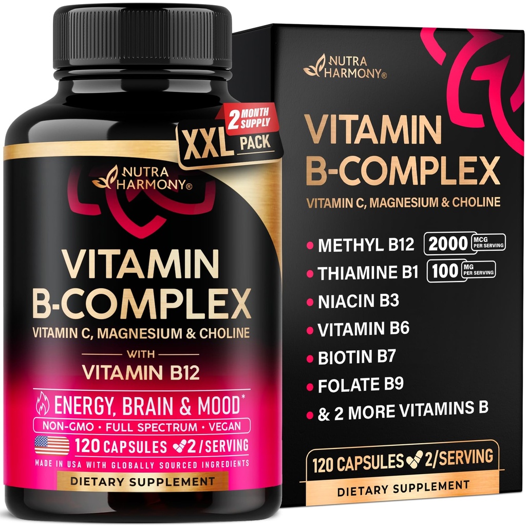 Complexe Vitamine B pour hommes et femmes - Fabriqué aux États-Unis - B-Complexe: B1, B2, B3, B5, B6, B7, B8, B9, B12 avec vitamine C, Choline, Inositol - Supplément Énergie, Cerveau et Coeur, 120 Capsules Vegan