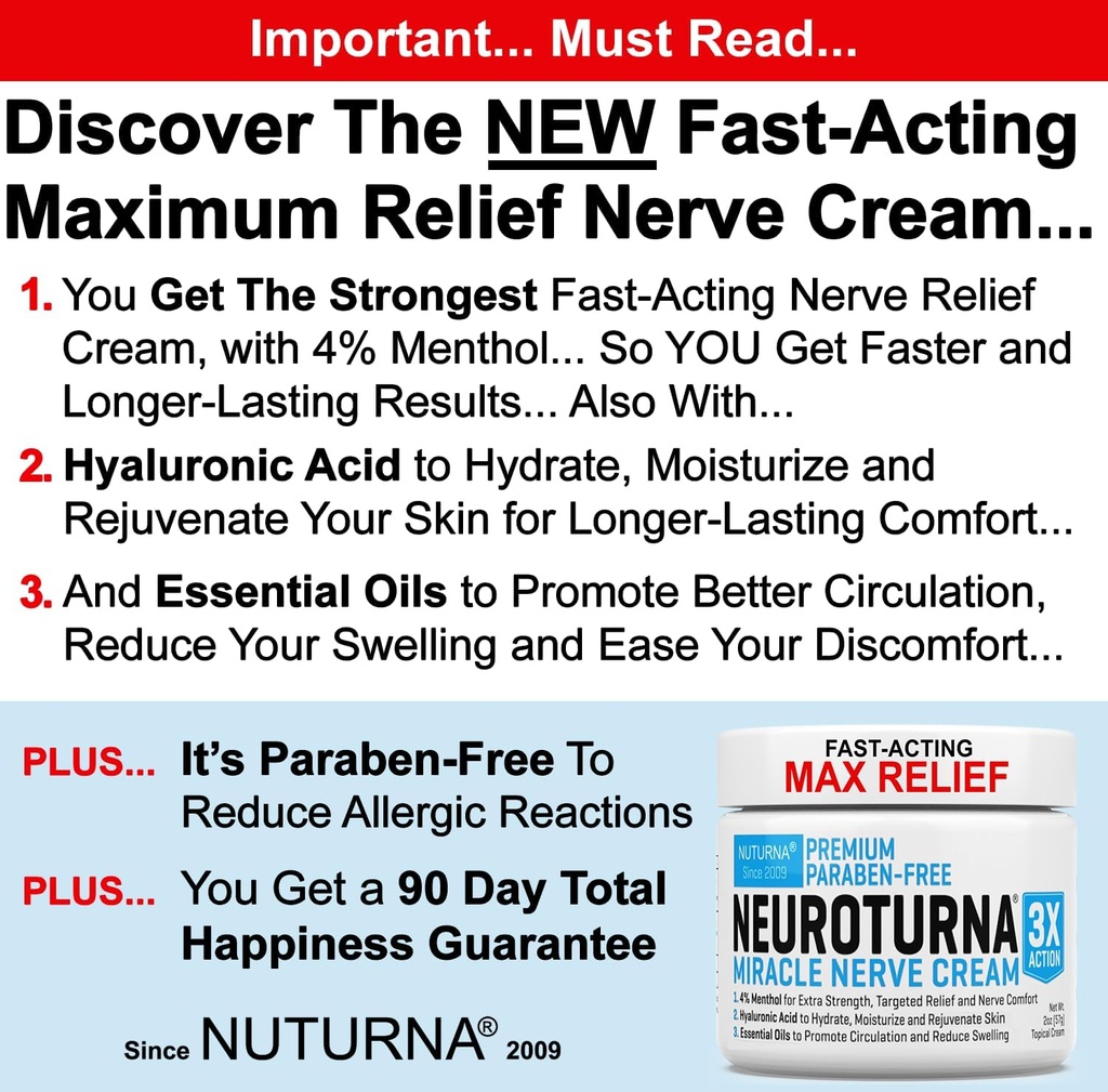 Nerve Reliefcreme für Neuropathie - Premium Nerve Cream 3X Aktion für gezieltes Relief und Nerve Comfort - Maximale Stärke mit 4% Menthol, Arnica, MSM für Füße Beine Zehen & Back - 2 Oz
