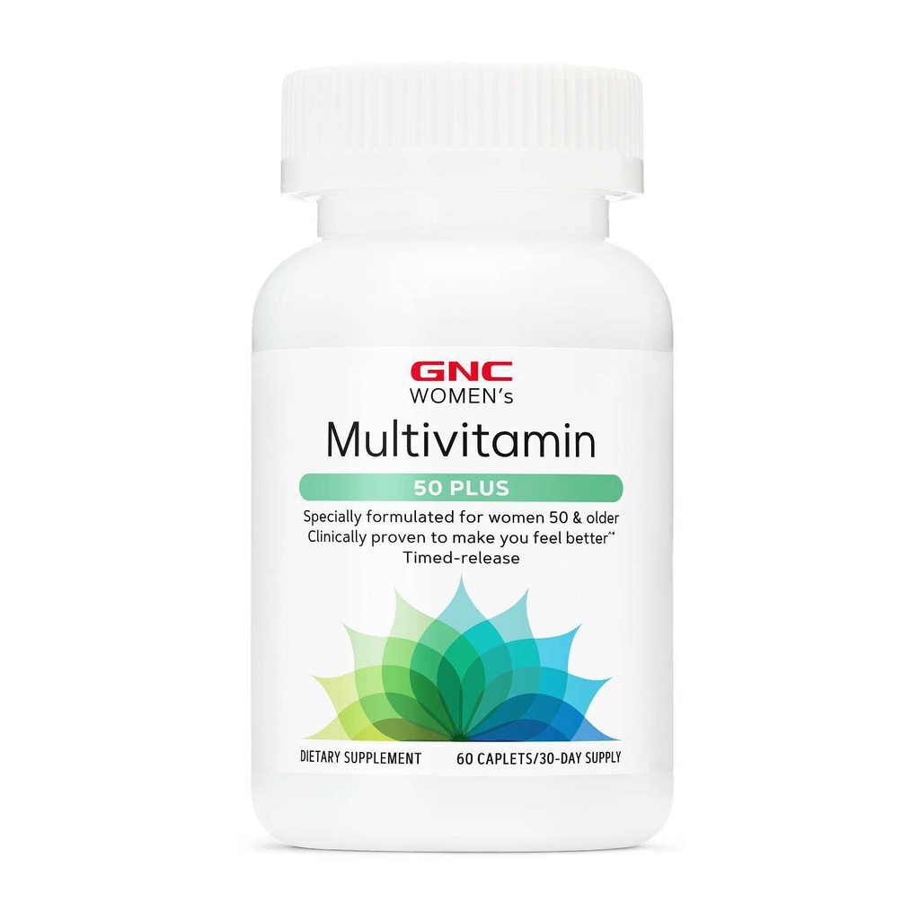 La multivitamine féminine GNC 50 Plus, soutient la santé des os, des yeux, de la mémoire, du cerveau et de la peau avec la vitamine D, le calcium et le B12, aide à augmenter la production d'énergie, 60 capsules