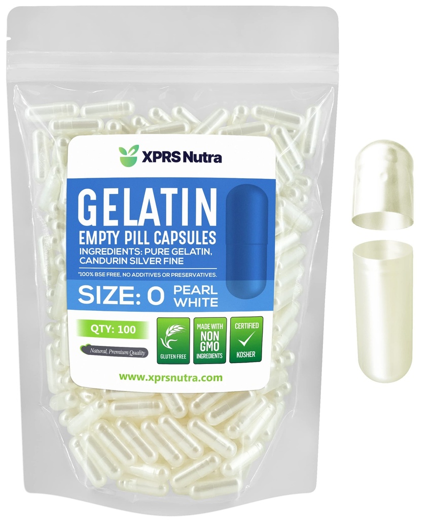 XPRS Nutra Größe 0 Leere Kapseln - 100 Count Leere Gelatine Kapseln - Pillen DIY Kapsel Füllung - Pure Bovine Pill Gel Kapseln für Do-It-Yourself Ergänzungen (Pearl White)
