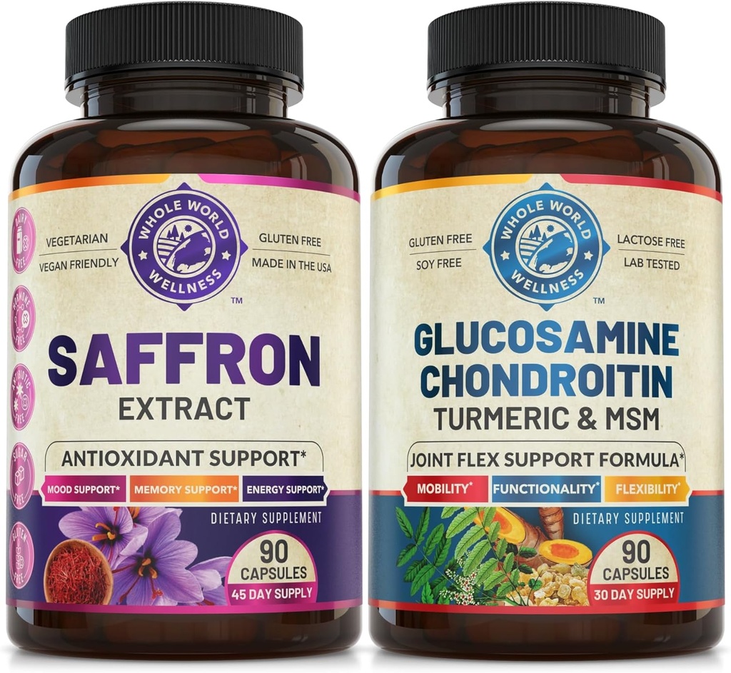 Extrait de safran pur et bloc de soutien interarmées avancé (une bouteille chacun). Soutient l'humeur, la stimulation énergétique, la fonction métabolique et la santé articulaire. États-Unis Fait.