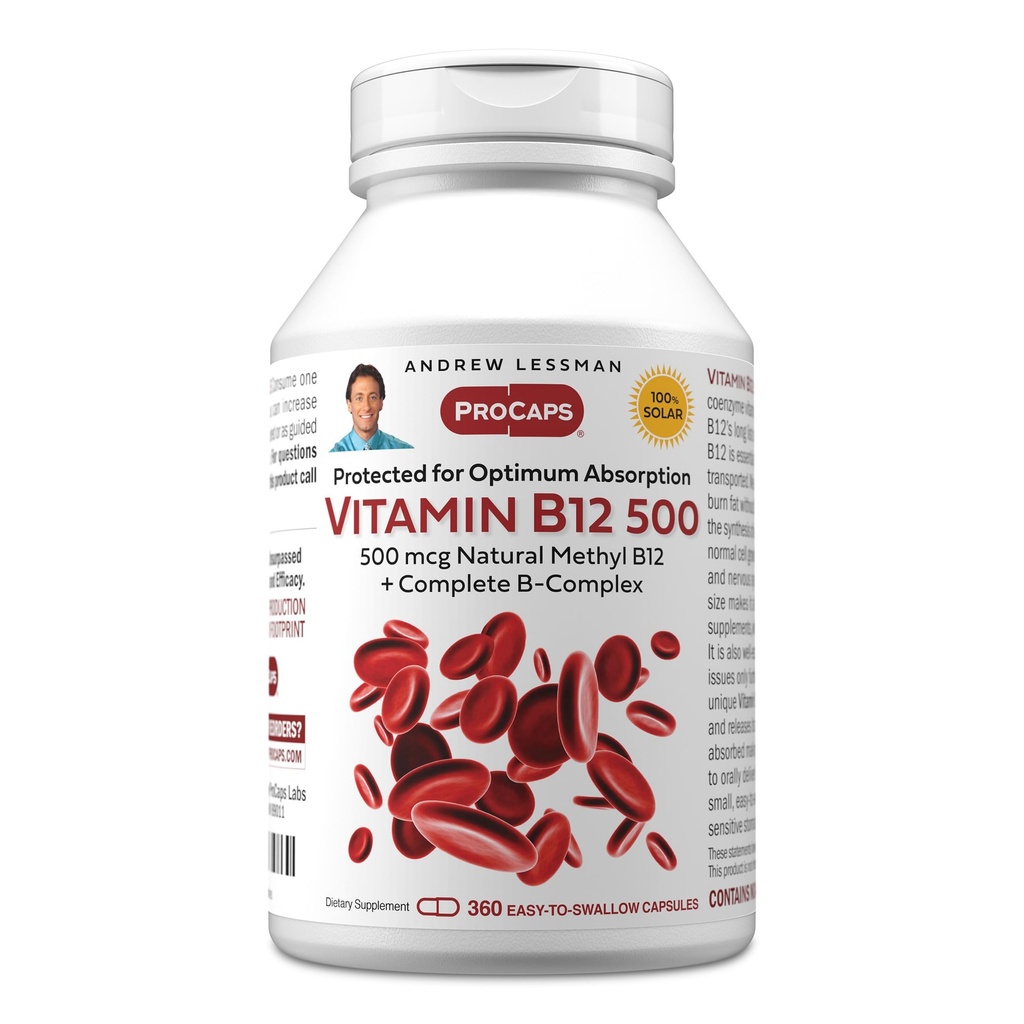 ANDREW LESSMAN Vitamin B12 500 360 Kapseln - Absorptionsgeschütztes Methylcobalamin (Natural Coenzym Vitamin B12), essentiell für Energie- und Stressunterstützung, Plus B-Komplex, einfach zu schlucken Kapseln