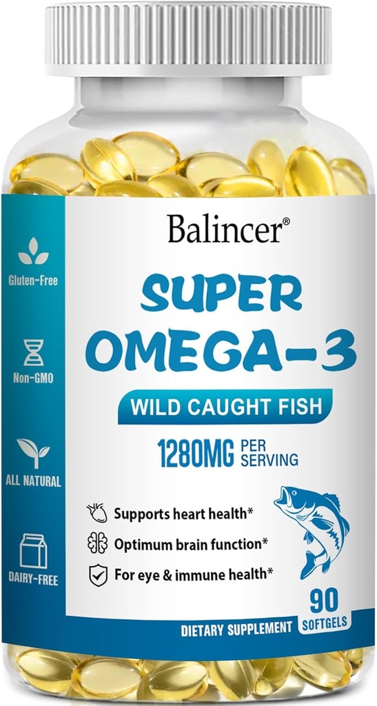 Omega 3 Fish Oil Supplements, 1280 mg Omega-3 Fettsäuren einschließlich EPA und DHA, Wild-Caught Burpless Fish Oil Supplements unterstützt Herz, Gehirn und Augengesundheit, 90 Softgels