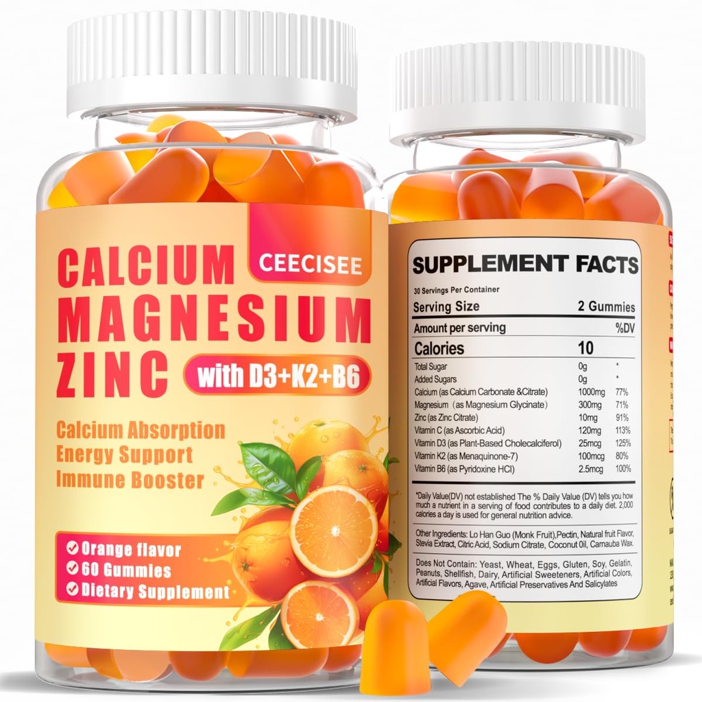 Gommies de zinc de magnésium de calcium avec D3 & B6 & K2,1000mg Gommies de calcium avec 300mg Soutien de magnésium énergie immune pour les adultes et les adolescents, sans sucre(120Count)