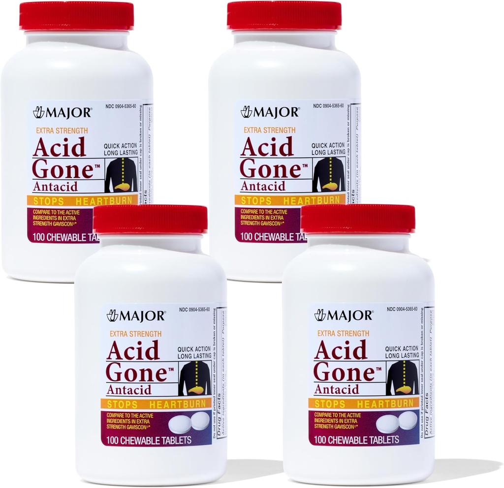 Major Acid Gone Extra Strength Antacid Chewable Tablets - Anti-Acid Relief - Säure Reflux Medizin für Erwachsene - Upset Stomach, Säure Verdauung, und Sodbrennen Relief - Lang-Lasting - 100-Count (4 Pack)