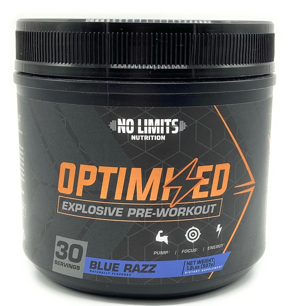 "Optimized" Blue Razz Pre-Workout Powder / Massive Pumps / Increase Muscle Mass, Strength & Focus / Beta Alanine + L-Citrulline + Betaine Anhydrous + Creatine + Caffeine Anhydrous / 30 Servings