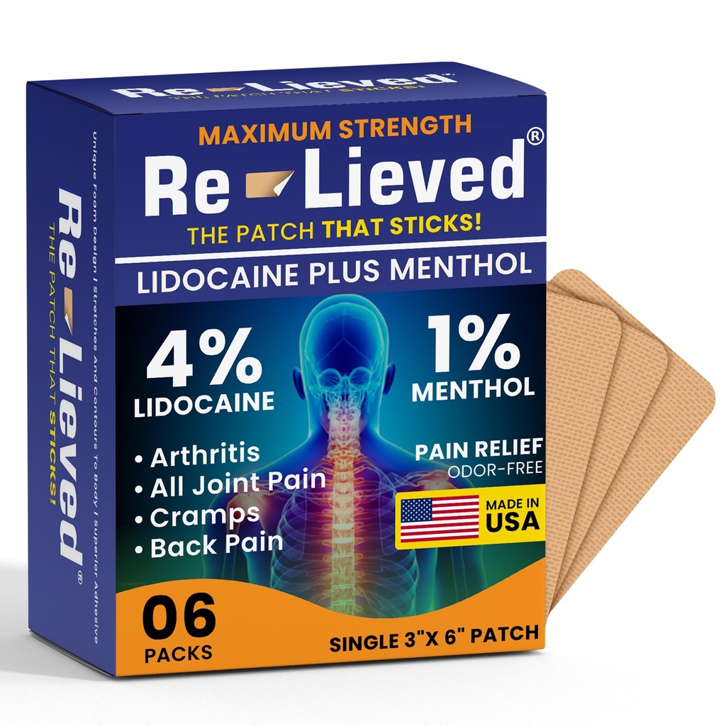 Re-lieved 4% Lidocaine Patches mit Menthol - maximale Stärke Schmerzlinderung für Rücken, Knie & Muskelschmerzen - Fast-Acting Medicated Patches - Made in USA - 6 Count