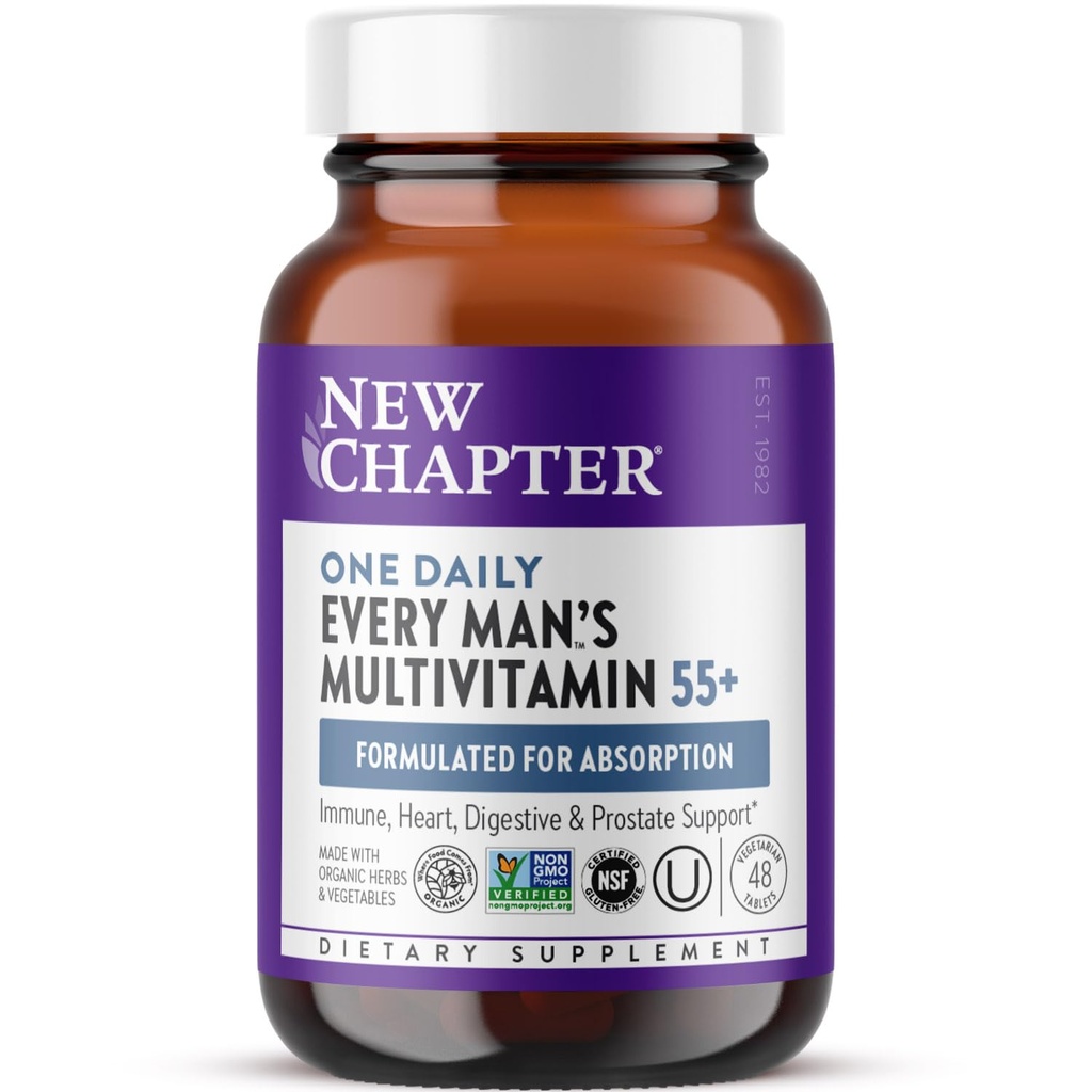 New Chapter Men's Multivitamin 50 Plus für Gehirn, Herz, Verdauungs-, Prostata- und Immununterstützung mit 20+ Nährstoffen + Astaxanthin - Every Man's One Daily 55+, Gentle on The Stomach - 48 ct