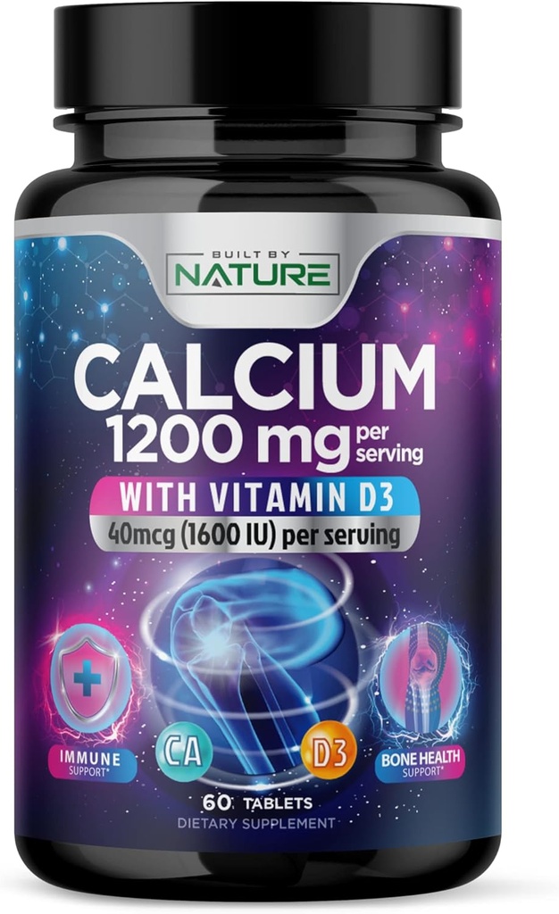 Calcium 1200mg mit Vitamin D3 für beste Absorption - Fortgeschrittene Knochenunterstützungsergänzung, 1200 mg Calciumcarbonat & 1600 IU Vitamin D3, langsame Freisetzung für Immununterstützung, leicht zu schlucken, 60 Tabletten