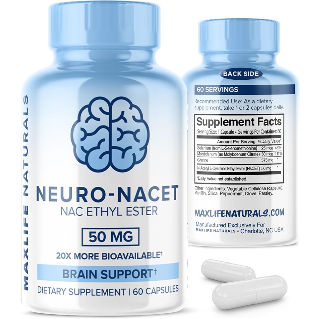 MaxLife Naturals Neuro NACET N-Acetyl L-Cystein - 60 Kapseln, 20x mehr bioverfügbares Glycin NAC Supplement N-Acetyl Cystein Ethyl Ester mit Selen, 10x Glutathion Boost für Gehirn & Lunge Support