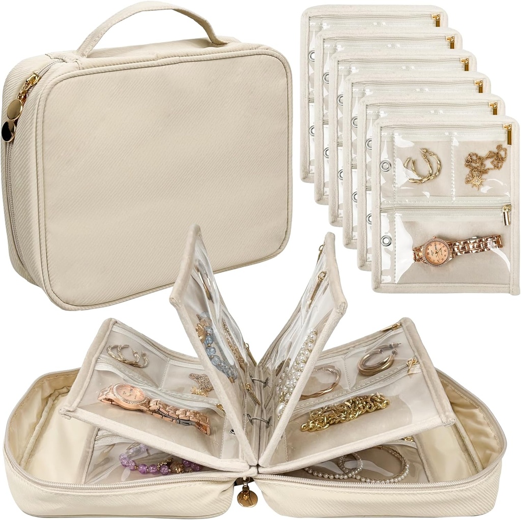 Reise Schmuck Organizer Case,Schmucktaschen Schmuck Aufbewahrungsbuch Binder mit klaren Reißverschluss Velvet Tasche für Reisen, Ohrringe, Ringe, Halskette, Armband (Weiß)