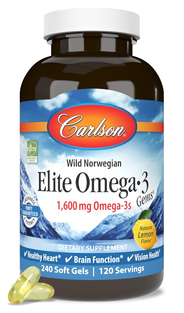 Carlson Elite Omega-3 Gems, 1600 mg Omega-3 avec EPA & DHA, Lemon Flavor, 240 Softgels – Huile de poisson norvégienne sauvage, source durable