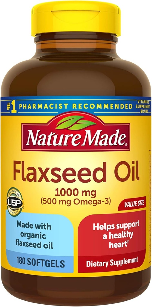 Flaxseed Oil 1000 mg Softgels, 180 Zähler für Herzgesundheit