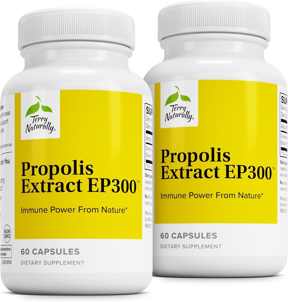 Terry Naturally Propolis Extract EP300 - Supplément du système respiratoire supérieur et immunitaire - Supplément pour enfants et adultes avec extrait de propolis d'abeille - 60 Capsules, 2 Pack