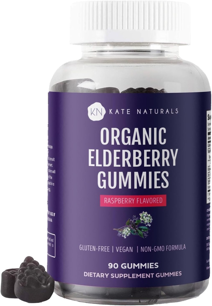 Kate Naturals Elderberry Gummies mit Vitamin C und Zink für Erwachsene & Kinder. Tasty Sambucus Elderberry Gummies für Immununterstützung (90 Gummi, 45 Tage Versorgung, Organisch)