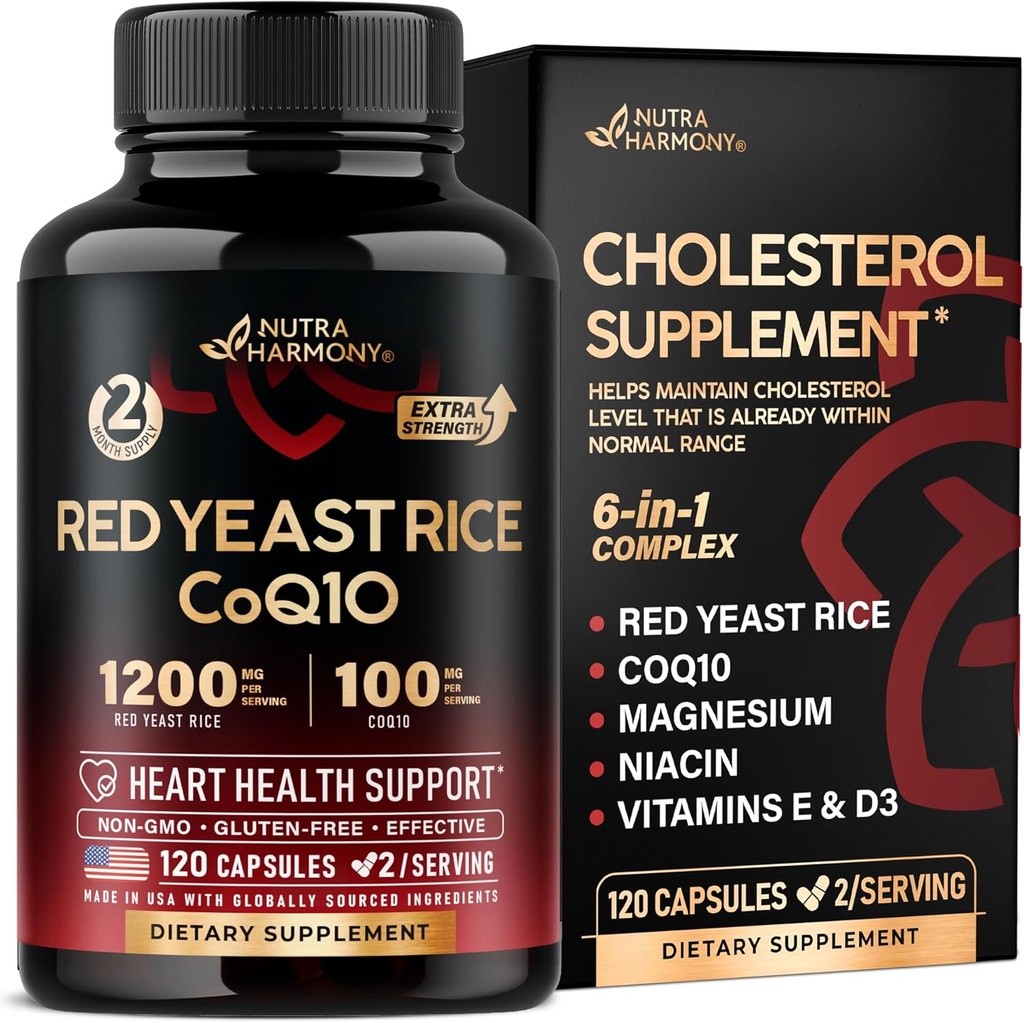 Red Yeast Rice 1200 mg mit CoQ10 100 mg - mit Magnesium | Niacin | Vitamin E & D3 - Herzgesundheitsunterstützung, Energie & Stoffwechsel - Effektiv, spülfrei & Labor getestet - Made in USA, 120 Kapseln