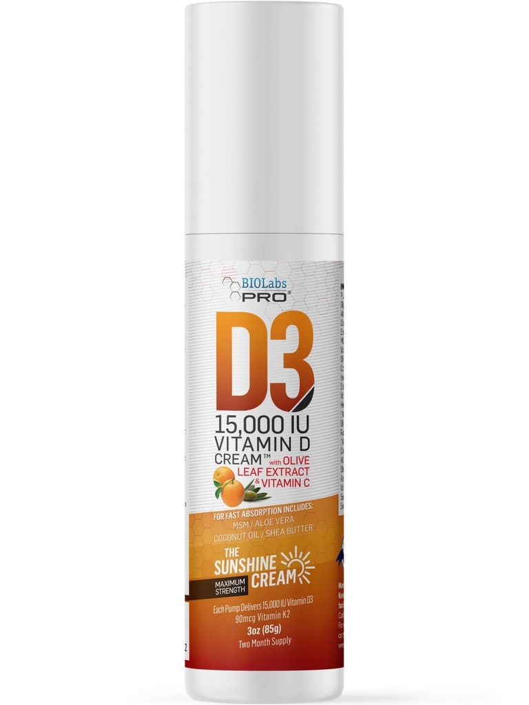 BIOLABS PRO Alle natürlichen Vitamin D3 15000IU Vitamin D Creme - Maximale Stärke - Vitamin D Mangel natürlich bekämpfen - mit Vitamin K2 & Olivenblatt Extrakt - Sicher & effektiv (15.000IU - 3.0oz)