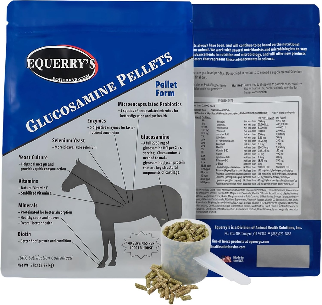 Equerry's Glucosamine Pellets - Gemeinsame Unterstützung für Pferde mit Probiotika, Verdauungsenzyme, Vitamine und Mineralien - Made in USA