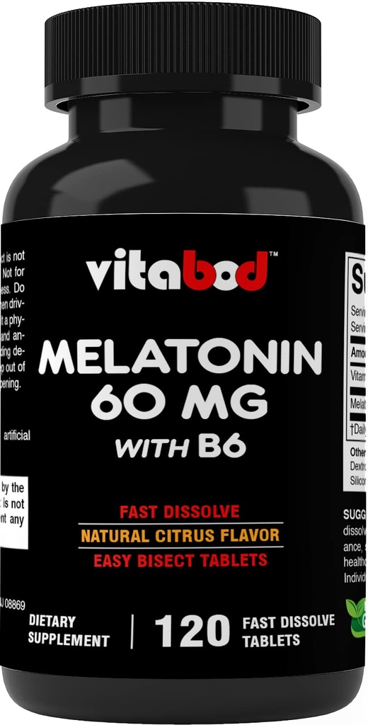 Mélatonine 60 mg avec vitamine B6 – 120 comprimés à dissolution rapide Support de sommeil supplémentaire – sans médicament – saveur naturelle d'agrumes – végétalien, non-OGM, sans gluten
