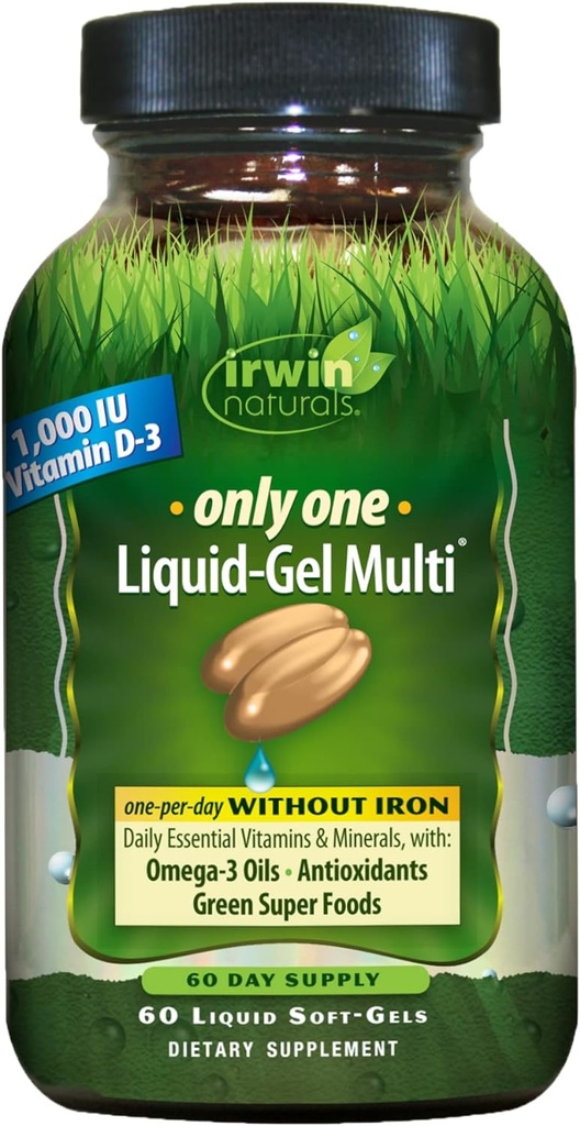 Irwin Naturals Only One Liquid-Gel Multi - 60 Liquid Softgels - No Iron Daily Essential Vitamins, Minerals, Antioxidants, Omega-3 & Green Super Foods