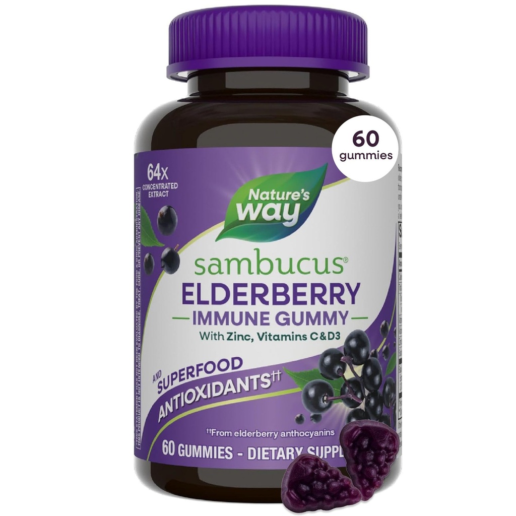 Nature’s Way Sambucus Elderberry Immune unterstützen Gummis für Kinder & Erwachsene* mit schwarzem Elderberry Extrakt, Vitamin C, Vitamin D3, und Zink, 60 Gummis (Packaging May Vary)