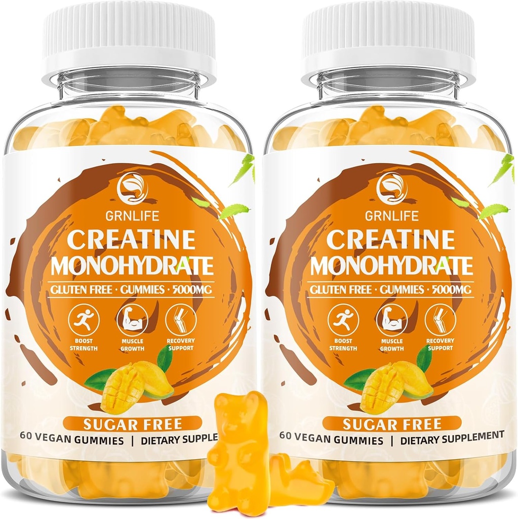Kreatin Monohydrat-Gummien für Männer und Frauen, Chewables Creatine Monohydrate für Muskelkraft, Muskelaufbau, Energie Boost, Zuckerfrei, Vegan, Mango Flavor-120 Count