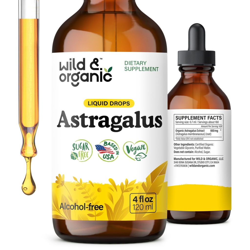Wild & Organic Astragalus Tincture - Immununterstützungsergänzung w/Astragalus Root Extract - Vegan Tincture für Immunität - Zucker & Alkoholfreie Tropfen - 4 fl oz