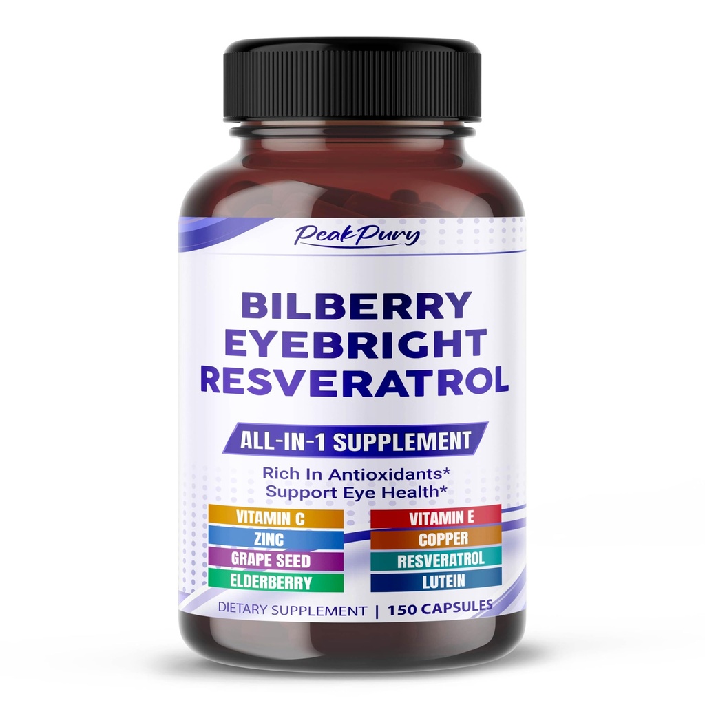 All-in-1 Bilberry Eyebright Astaxanthin Elderberry Resveratrol Supplément - Riche en antioxydants et soutient la santé des yeux - Fabriqué aux États-Unis -150 Capsules